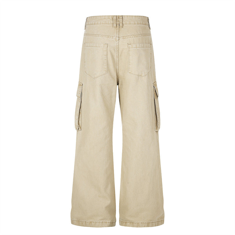 Beige wide-leg cargo pants back view with back patch pockets and side cargo pockets