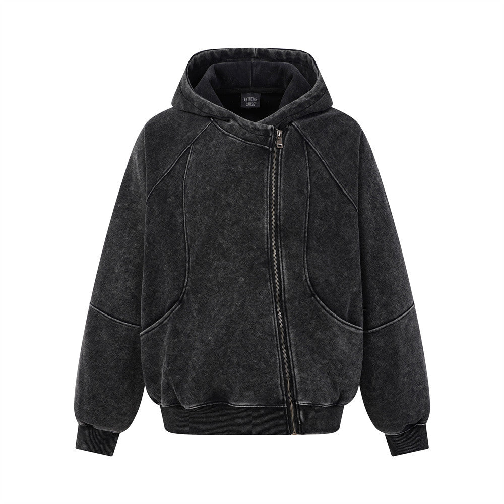 Sweat à capuche zippé oversize pour homme, délavage acidulé, fermeture zippée diagonale et empiècements aux coutures courbes déconstruites, noir délavé, vue de face