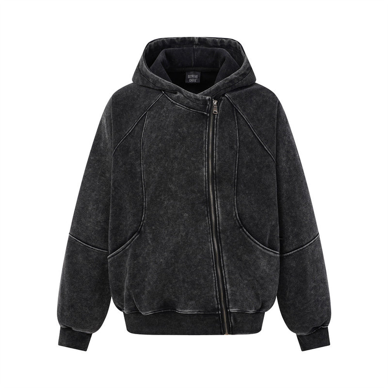 Sweat à capuche zippé oversize pour homme, délavage acidulé, fermeture zippée diagonale et empiècements aux coutures courbes déconstruites, noir délavé, vue de face