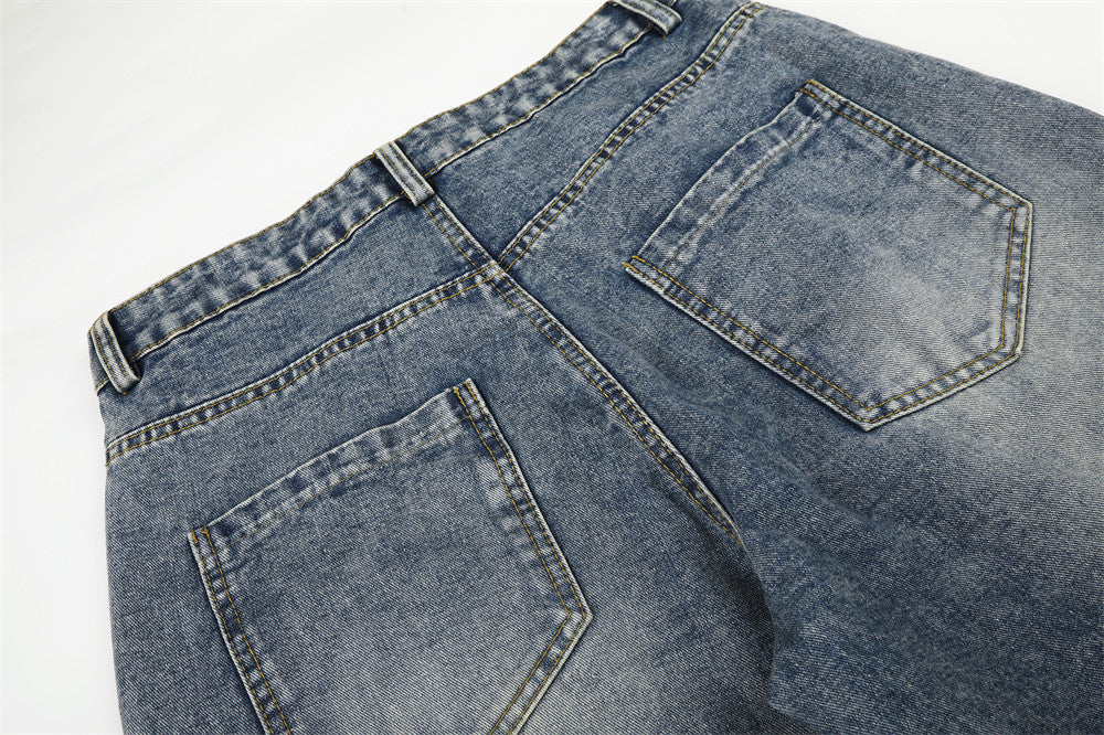 Cartoon Dachshund Embroidered Wide-Leg Jeans – Men's Vintage Washed Curved Hem