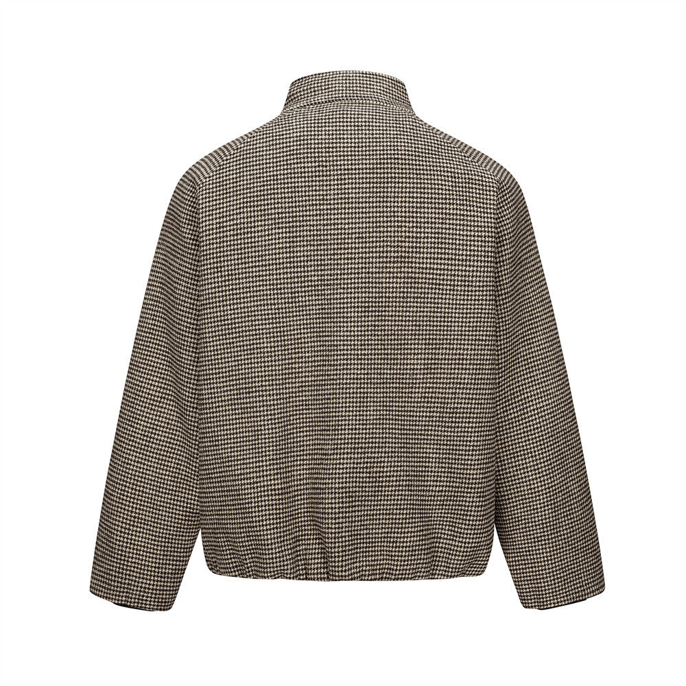 Houndstooth Wool-Blend Stand Collar Jacket – Men's Relaxed Fit Retro Bomber