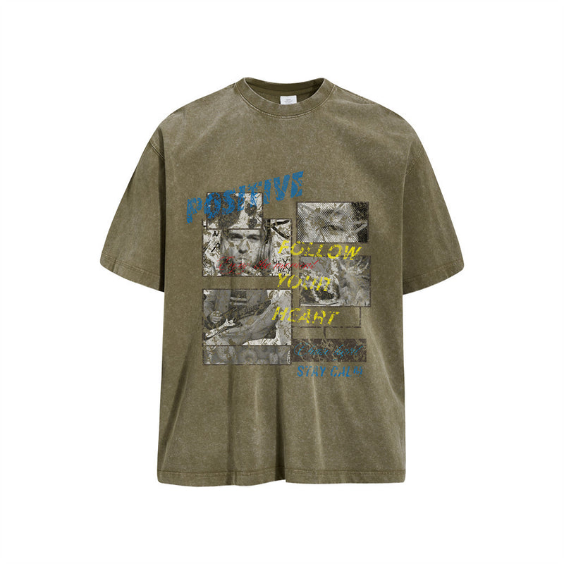 オリーブグリーンのオーバーサイズウォッシュドTシャツ、ヴィンテージポートレートコラージュとブルー・イエロー・レッドのグラフィックテキスト