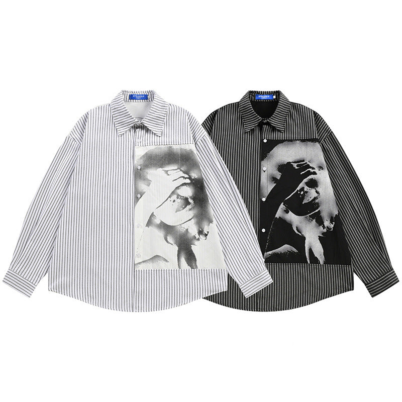 Vertical Stripe Oversized Long Sleeve Shirt with Dark Face Graphic Print