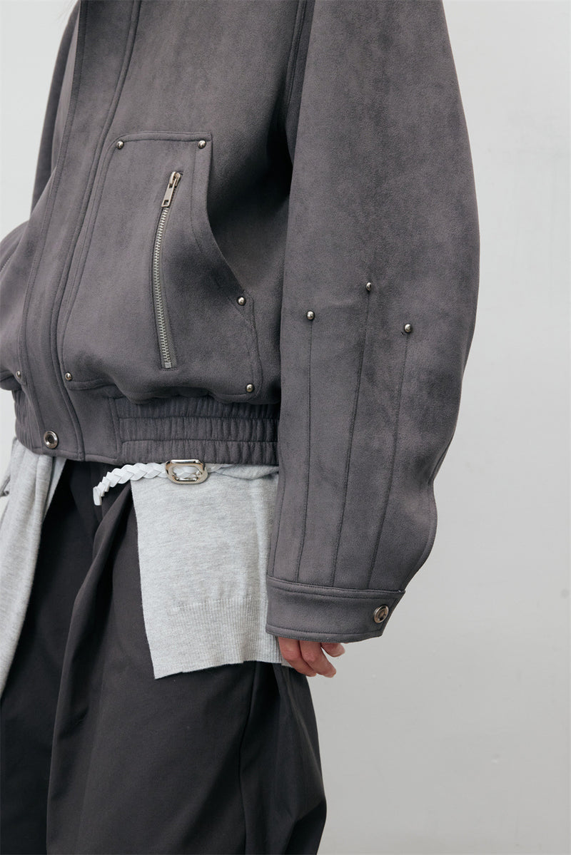Men's Oversized Bomber Jacket – Grey Suede-Touch Fabric with Stud Details & Zip