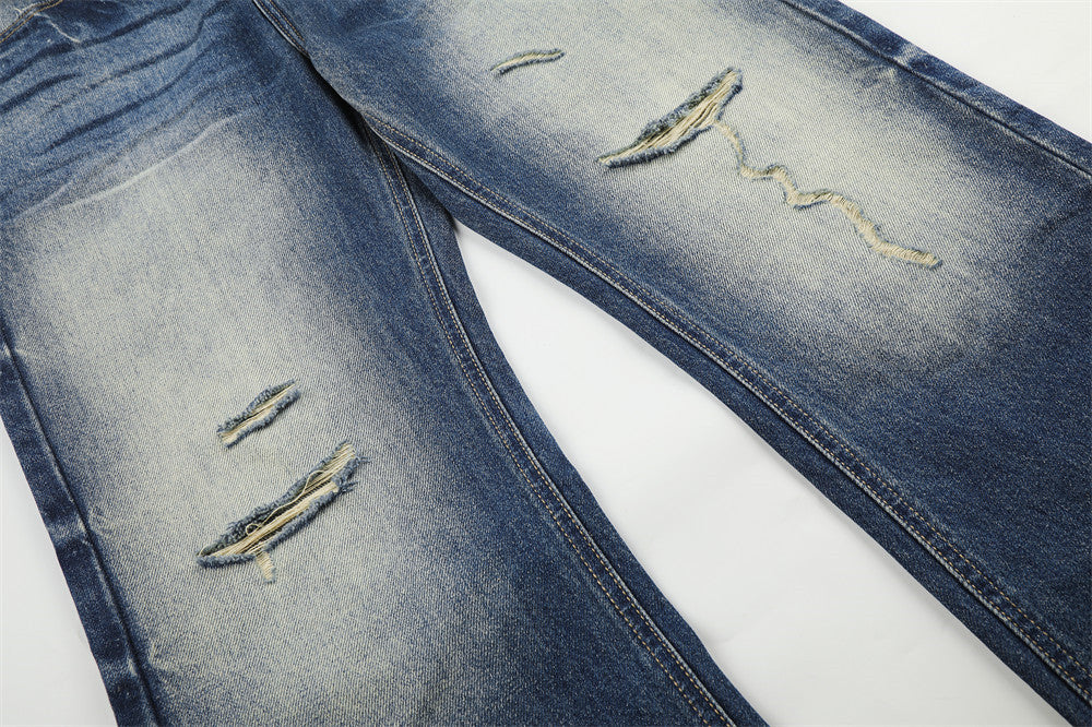 Wide Leg Distressed Jeans – Men's Vintage Wash Flare Denim Pants