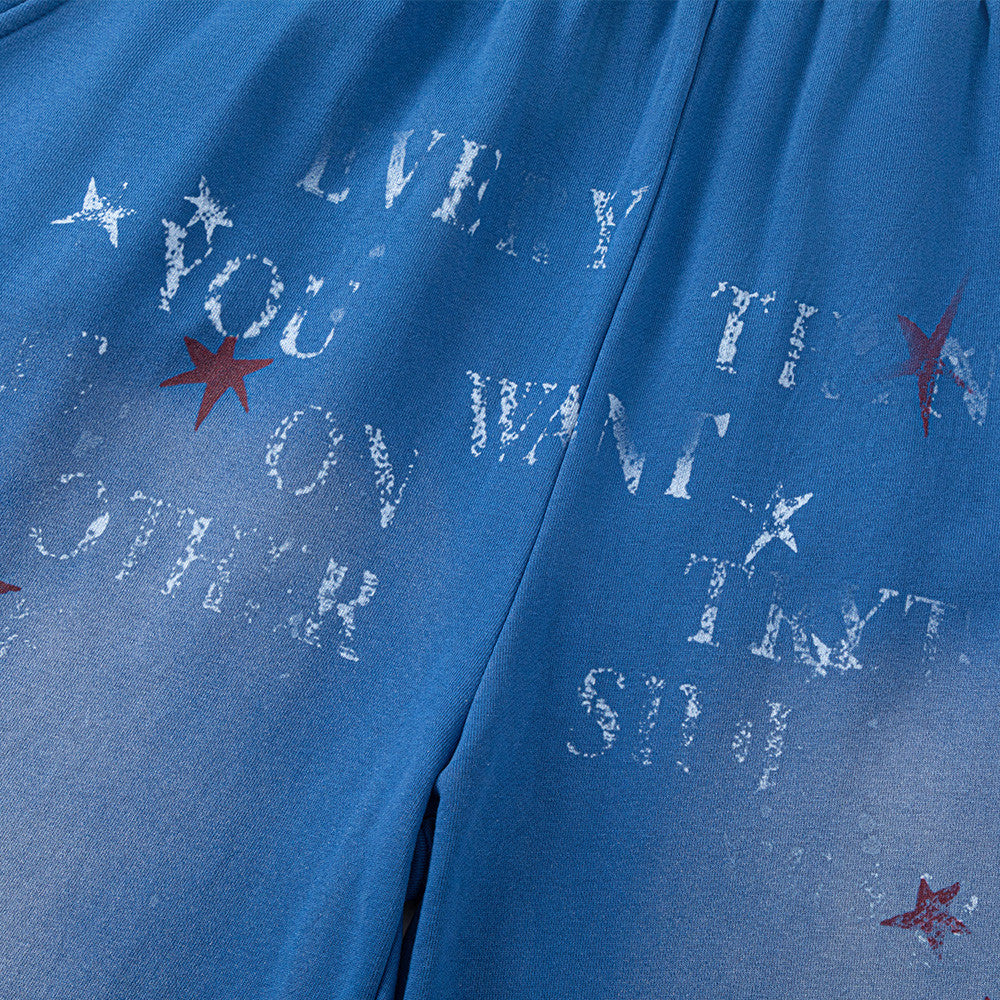 Men's Wide-Leg Sweatpants with Star & Letter Graphic Print, Acid-Wash Streetwear