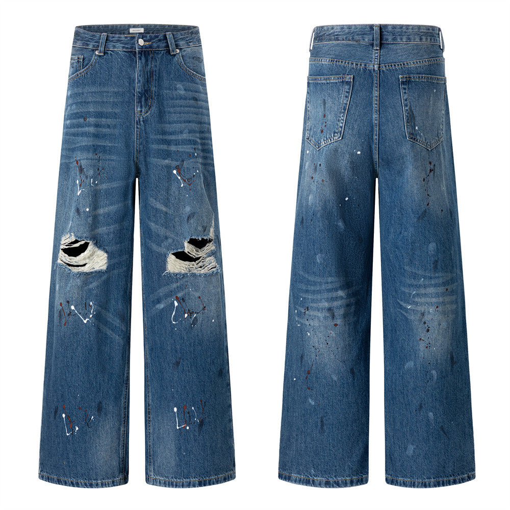Wide-Leg Distressed Jeans with Paint Splatter & Ripped Knees – Vintage Punk