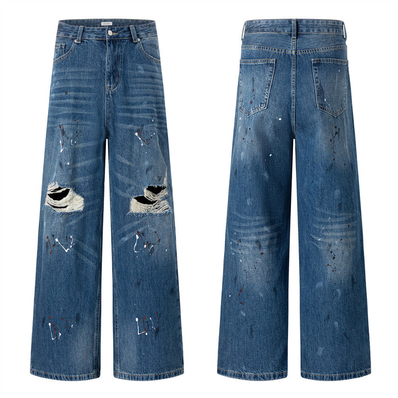 Wide-Leg Distressed Jeans with Paint Splatter & Ripped Knees – Vintage Punk