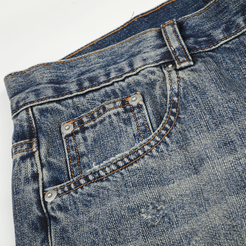 Wide-Leg Jeans Button-Fly Vintage Washed Distressed Denim