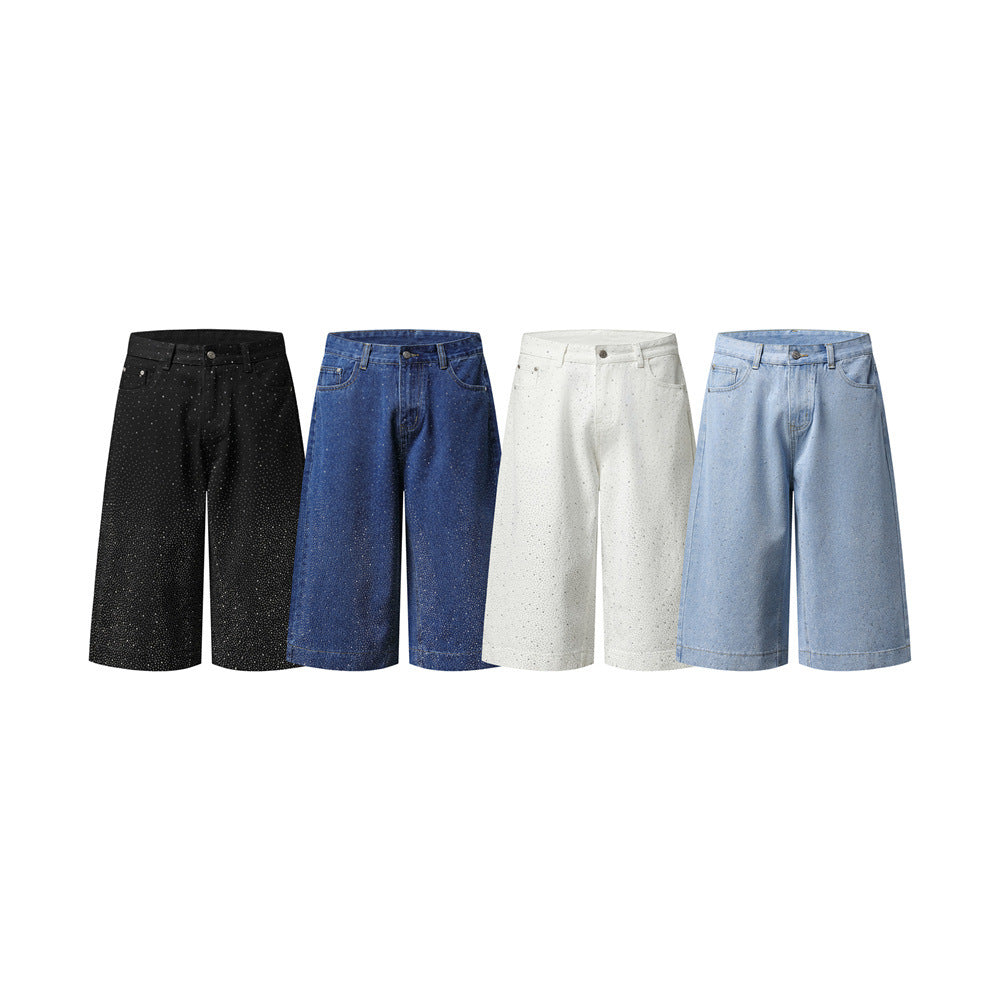 Wide-Leg Denim Shorts with Allover Rhinestone Detail – Men's Cropped Jean Shorts
