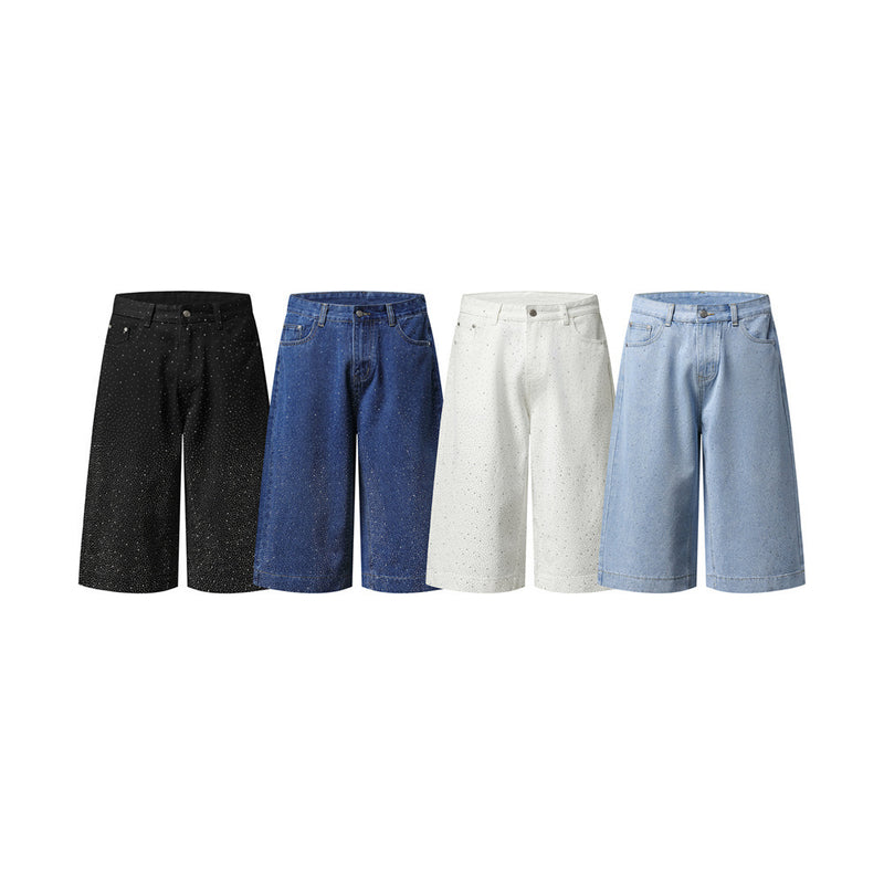 Wide-Leg Denim Shorts with Allover Rhinestone Detail – Men's Cropped Jean Shorts
