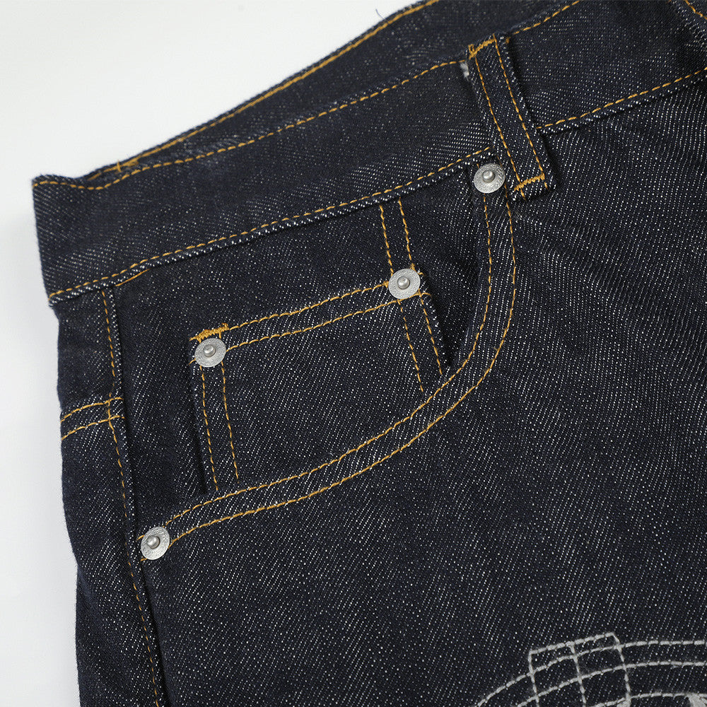Wide-Leg Raw Denim Jeans with Music Note Embroidery