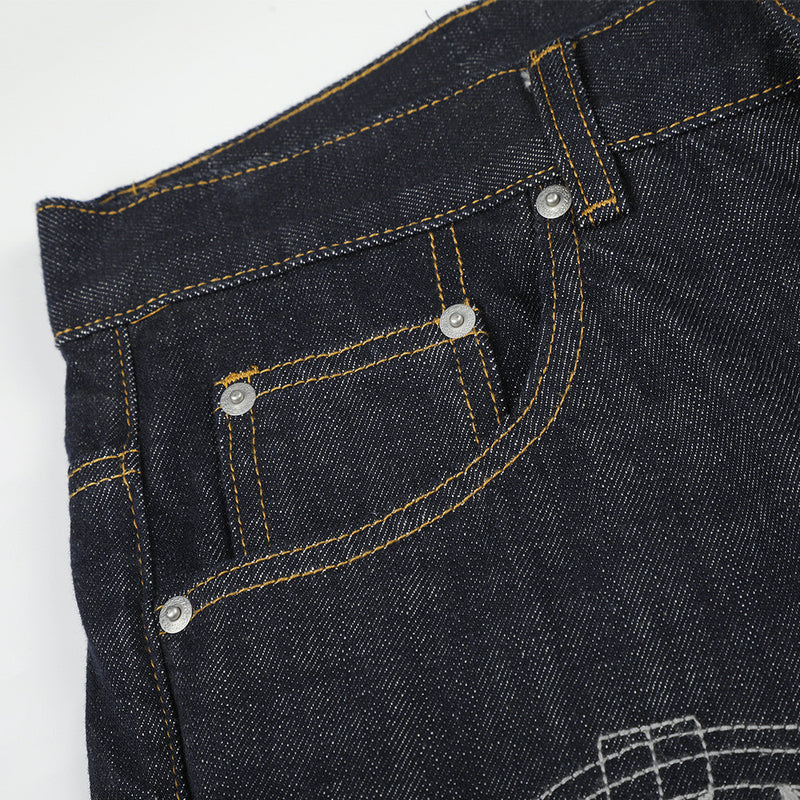 Wide-Leg Raw Denim Jeans with Music Note Embroidery