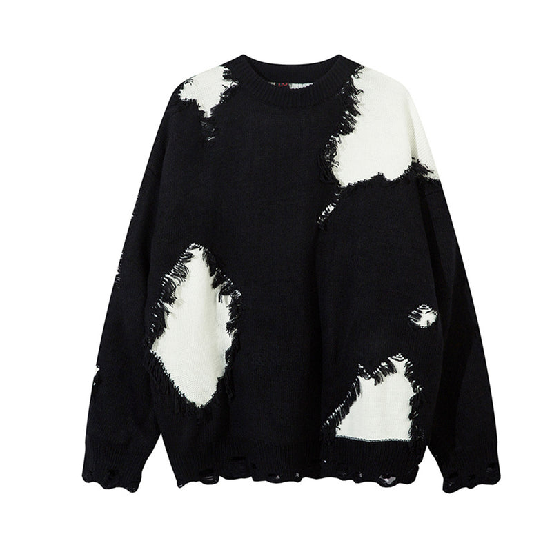 Pull en maille color block effet usé – Pull oversize à franges, style high-street