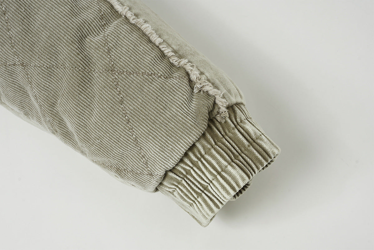 Quilted Corduroy Bomber Jacket – Acid-Washed Raw-Edge Baseball Jacket