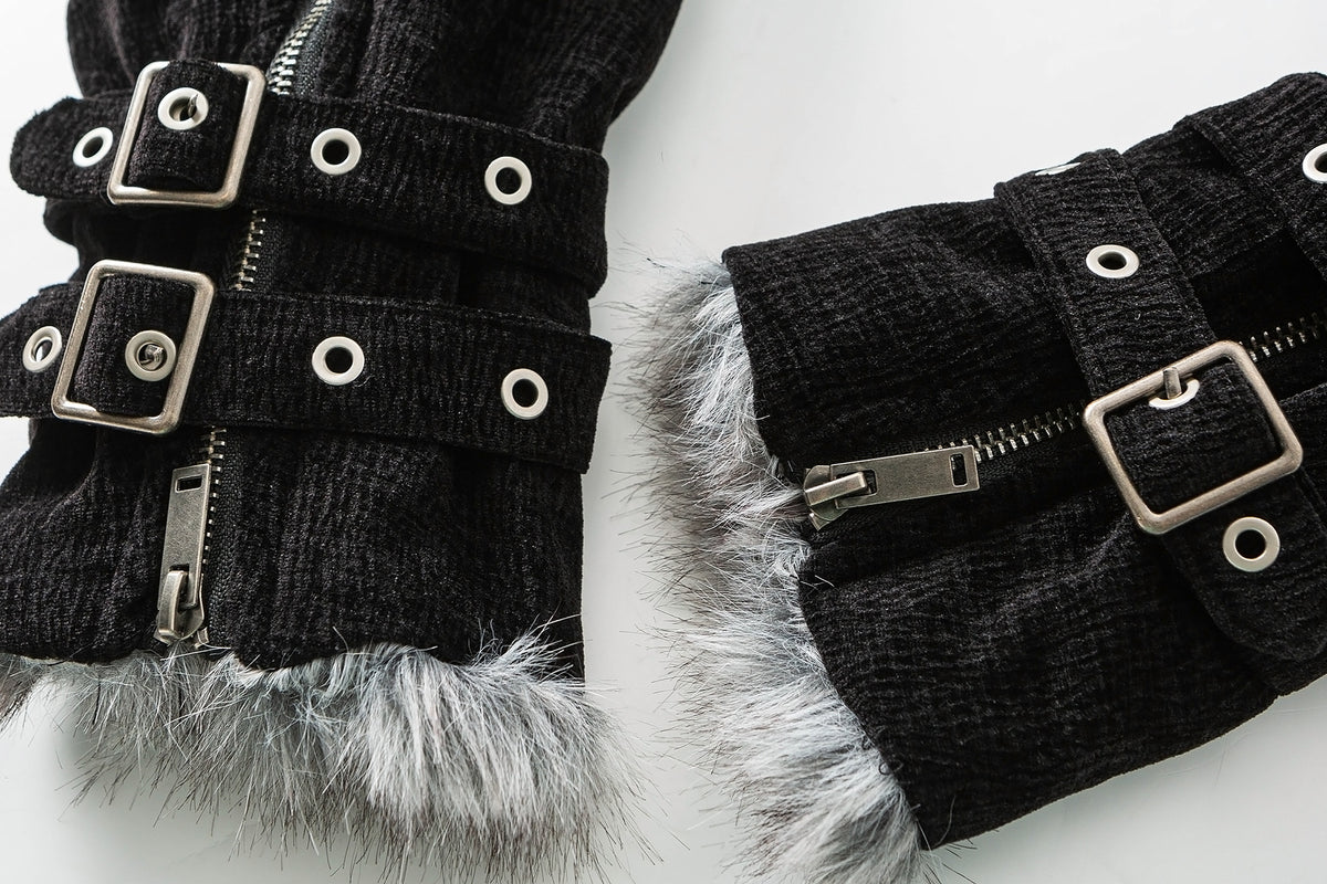 Faux Fur Lined Chenille Moto Jacket – Black Winter Biker Coat with Fur Collar &