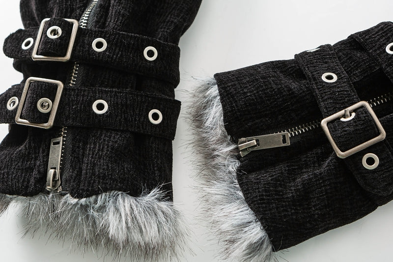 Faux Fur Lined Chenille Moto Jacket – Black Winter Biker Coat with Fur Collar &