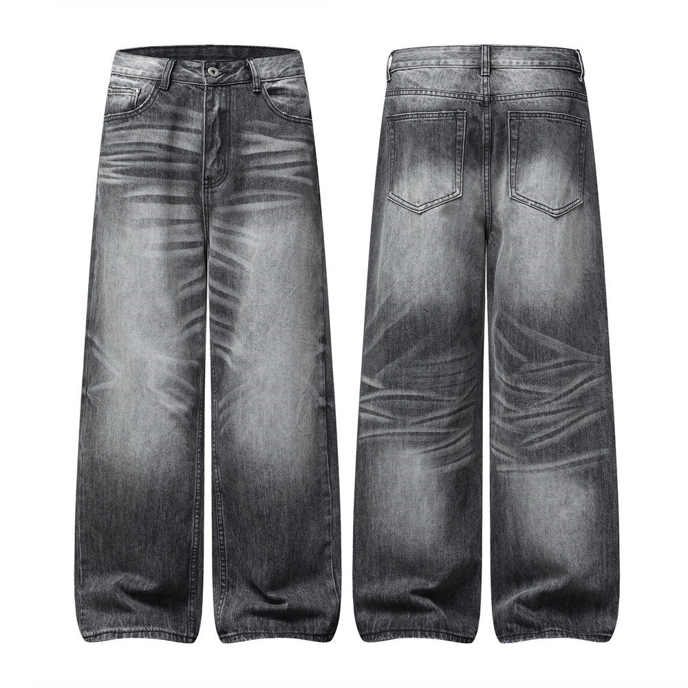 Wide-Leg Jeans Men's Washed Grey Vintage Distressed Baggy Denim Pants