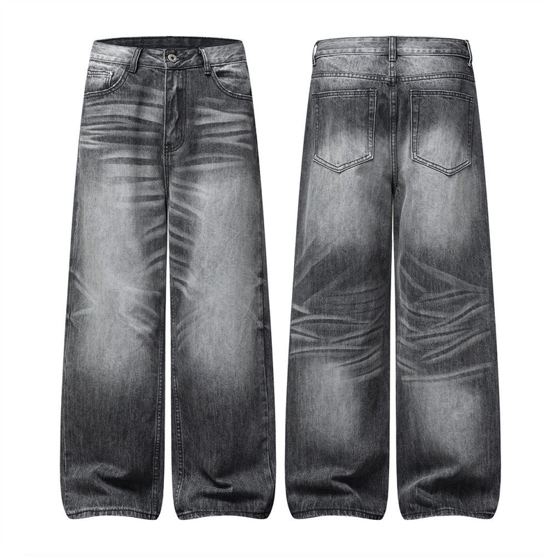 Wide-Leg Jeans Men's Washed Grey Vintage Distressed Baggy Denim Pants