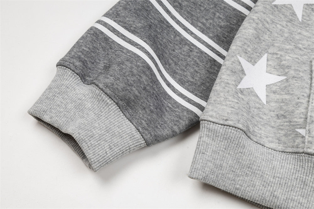 Star Print Zip-Up Hoodie with Striped Raglan Sleeves – Oversized Streetwear