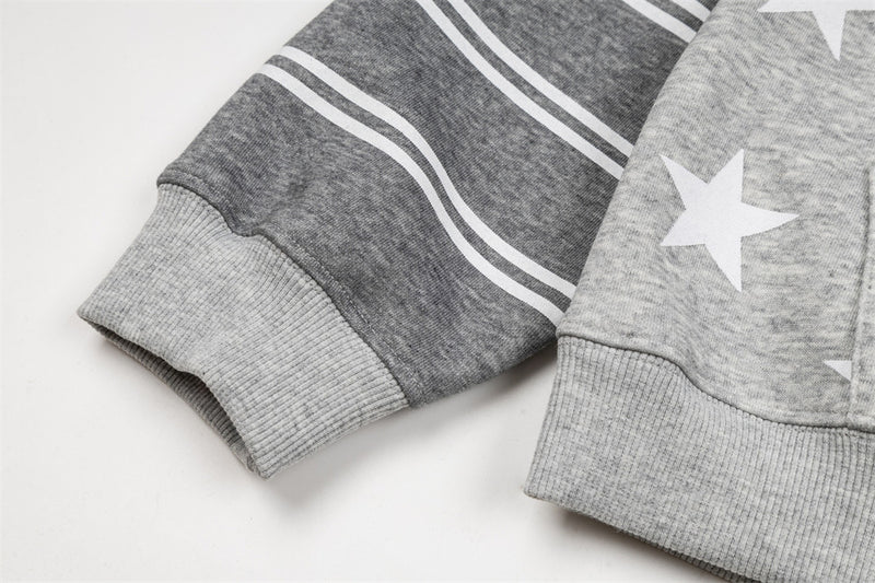 Star Print Zip-Up Hoodie with Striped Raglan Sleeves – Oversized Streetwear