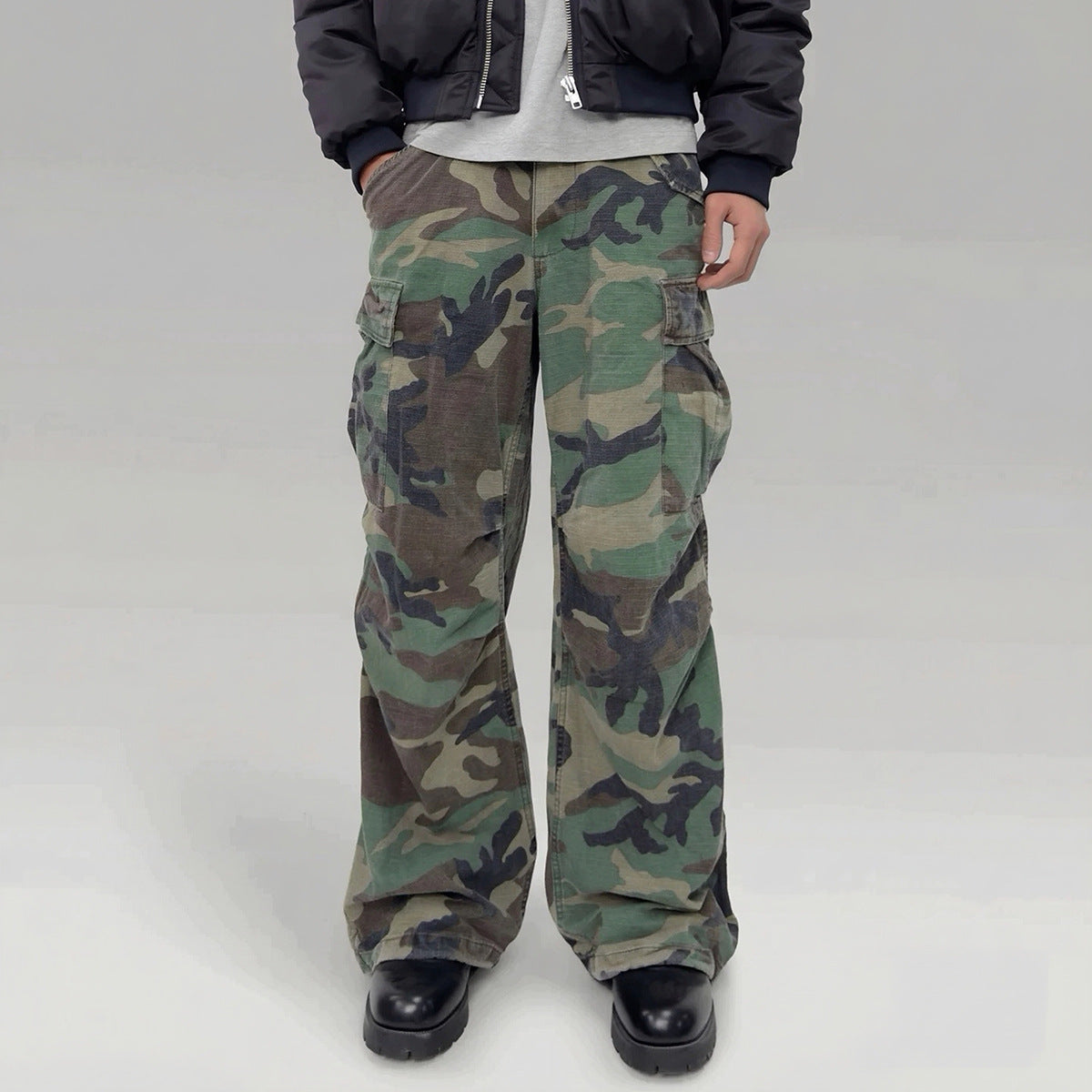 Woodland Camo Wide-Leg Cargo Pants – Washed Vintage Military Style