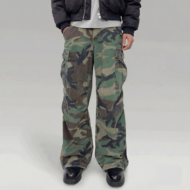 Woodland Camo Wide-Leg Cargo Pants – Washed Vintage Military Style
