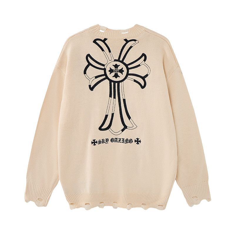 Pull en maille destroy à broderies croisées – Sweat oversize à col rond