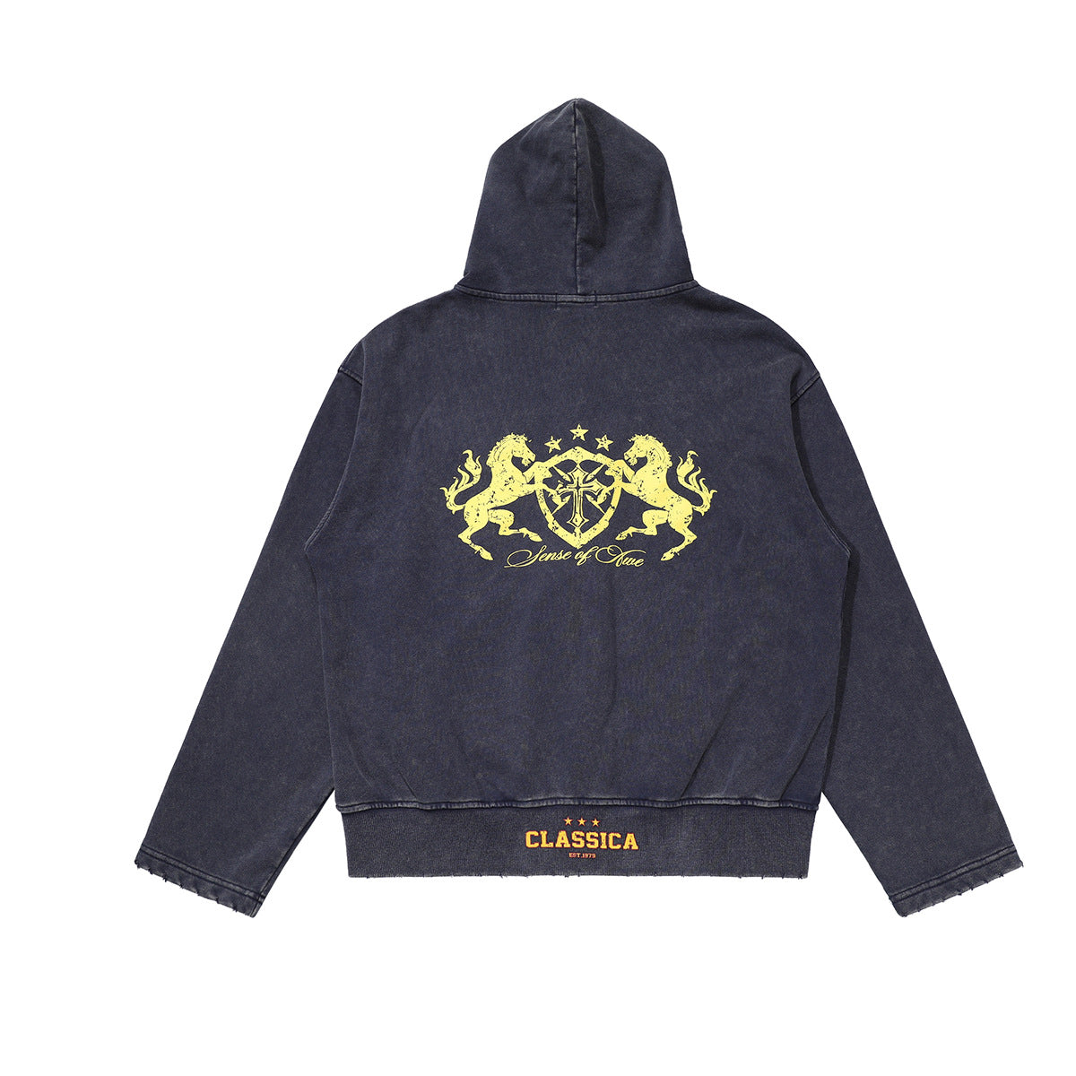 Zip-Up Cropped Hoodie Acid Wash Heraldic Crest Streetwear