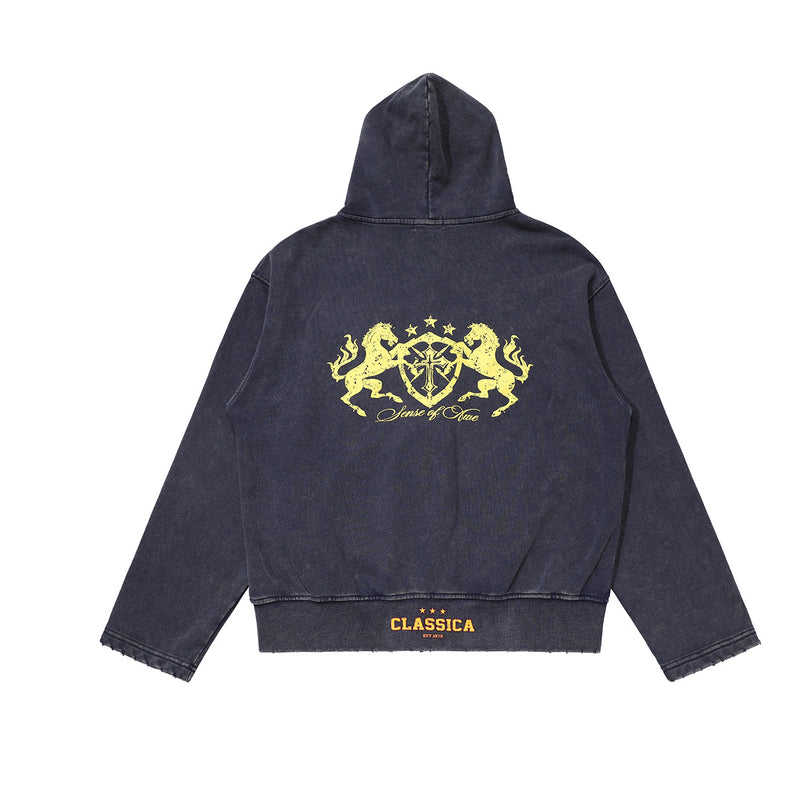 Zip-Up Cropped Hoodie Acid Wash Heraldic Crest Streetwear