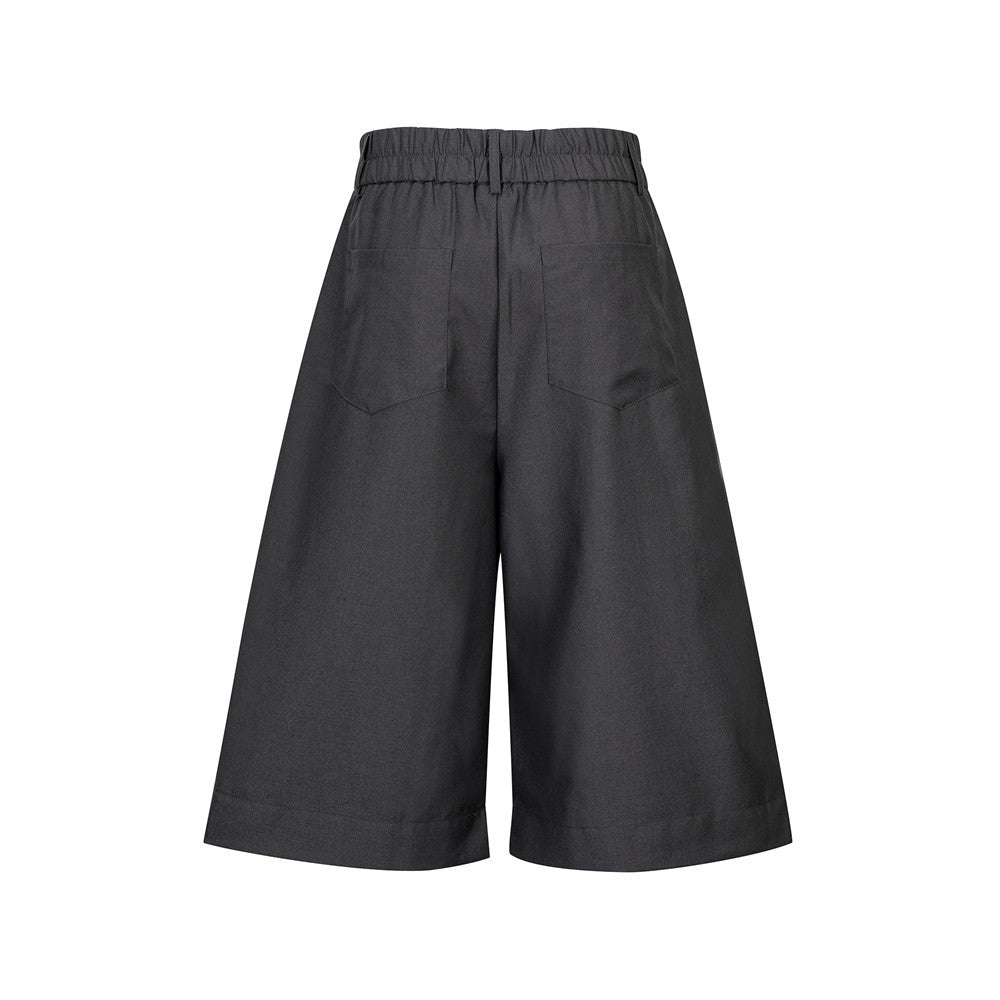 Wide-Leg Pleated Culottes Shorts with Button Fly