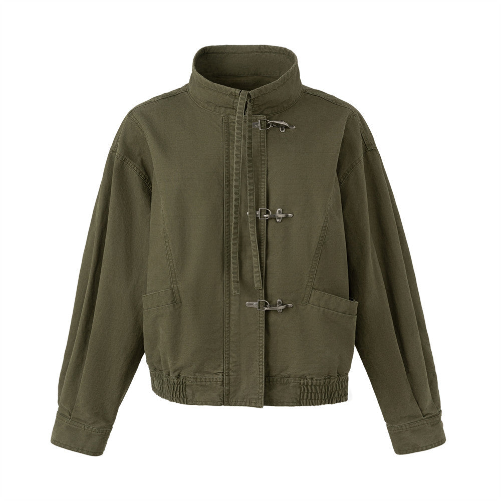 Army green stand collar metal clasp cropped cargo jacket, front and back view