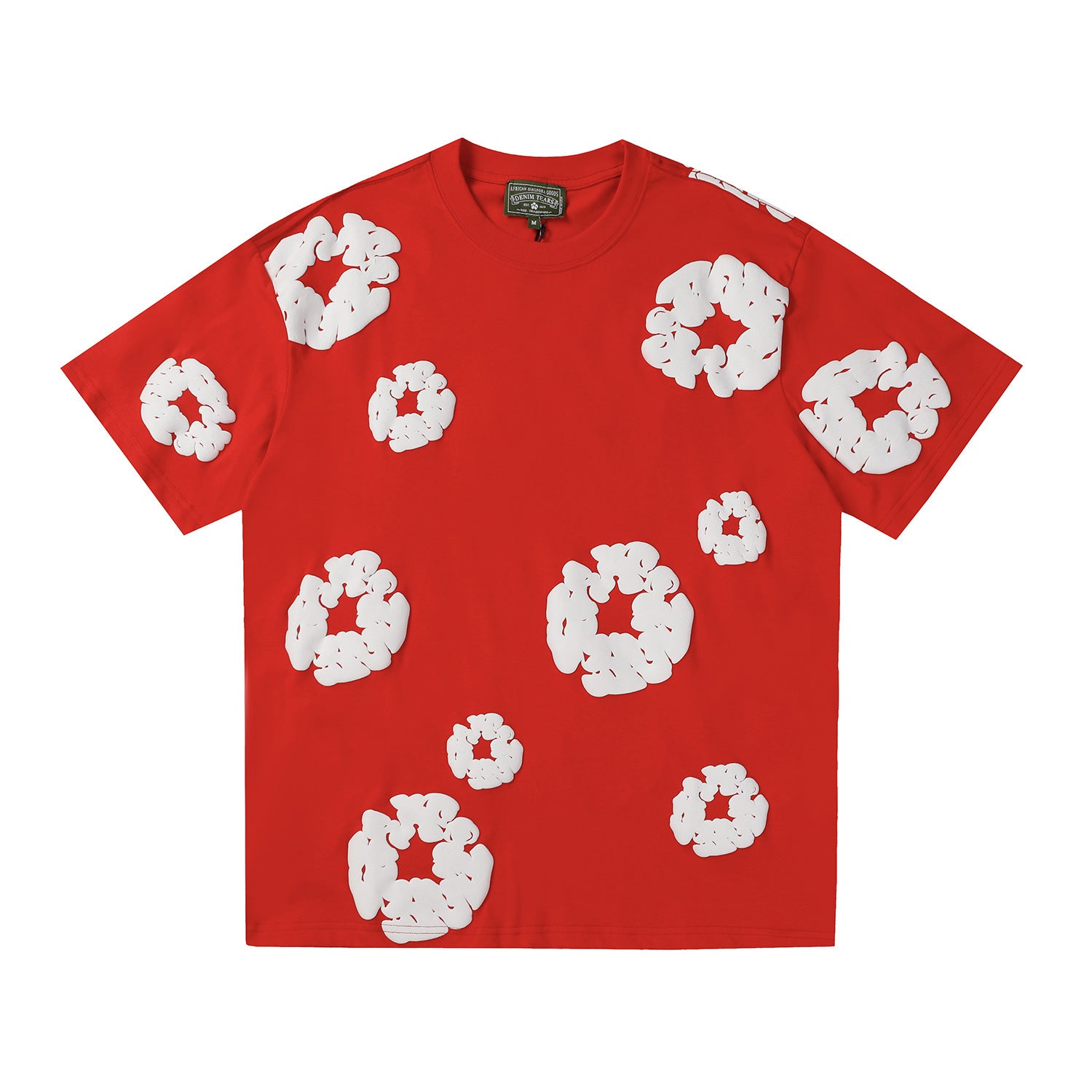 Denim Tears red cotton T-shirt with allover white wreath print on front and sleeves