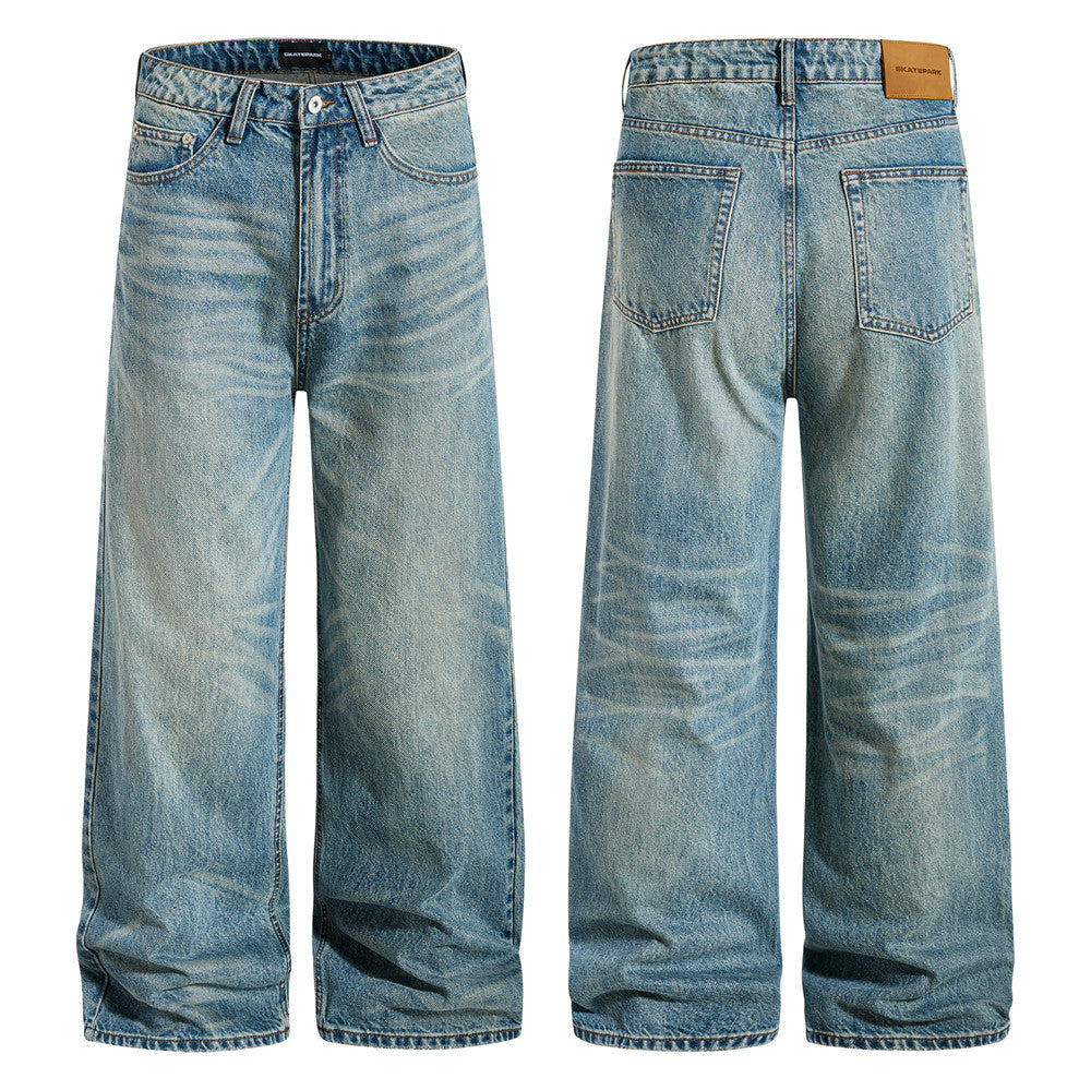 Men's baggy wide-leg straight fit jeans in ice-blue vintage washed denim, front and back view