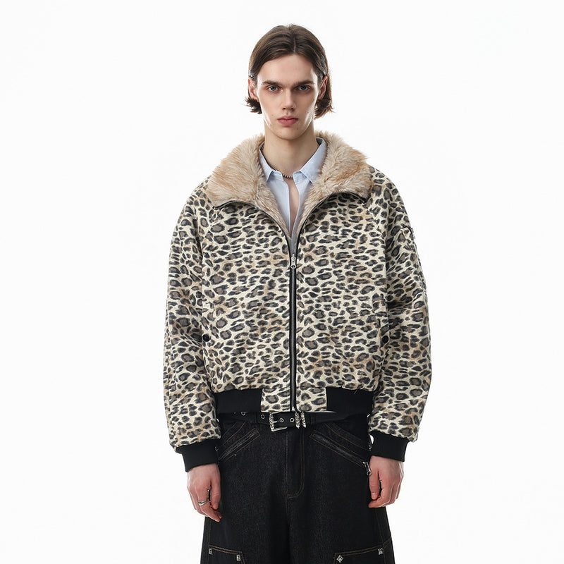 Reversible Faux Fur Leopard Print Bomber Jacket – Men's Oversized Stand Collar