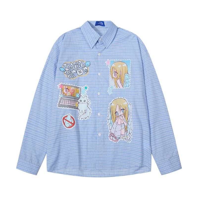 Blue plaid long sleeve button-up shirt with anime angel girl graphics, front view