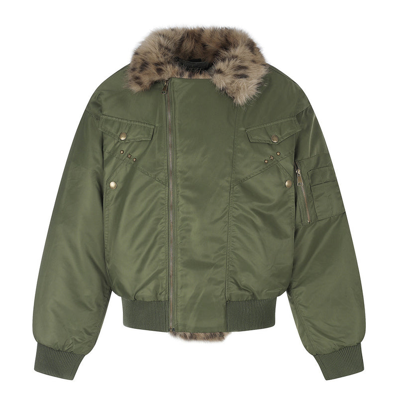 Men's Army Green Bomber Jacket with Leopard Faux Fur Collar & Rivet Detail