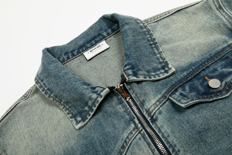 Light Wash Denim Jacket – Zip-Up Boxy Fit with Distressed Wash Detail