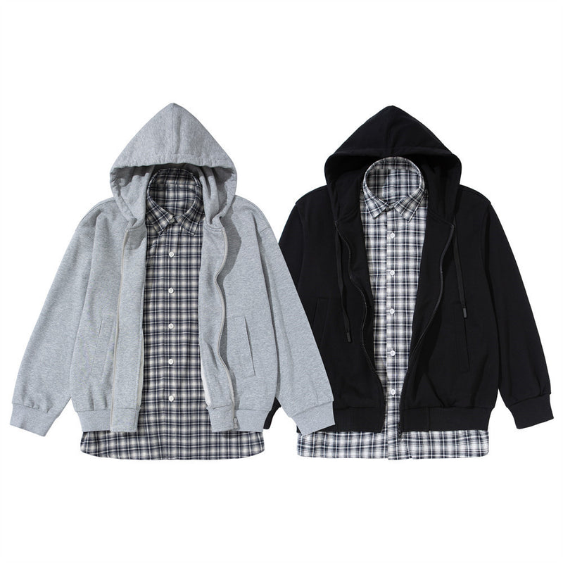 Men's Full Zip Hoodie with Faux Layered Plaid Shirt Insert, Oversized Streetwear