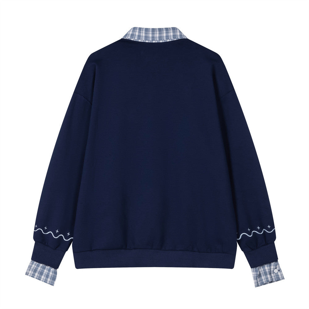 Layered-Look Plaid Collar Sweatshirt with Cartoon Sheep Appliqué