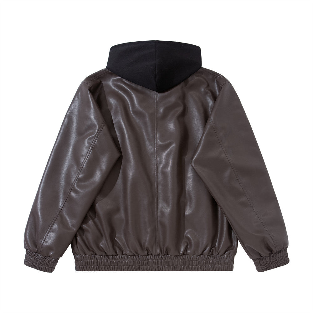 Faux Leather Hooded Bomber Jacket – Layered PU Zip-Up Oversized Coat