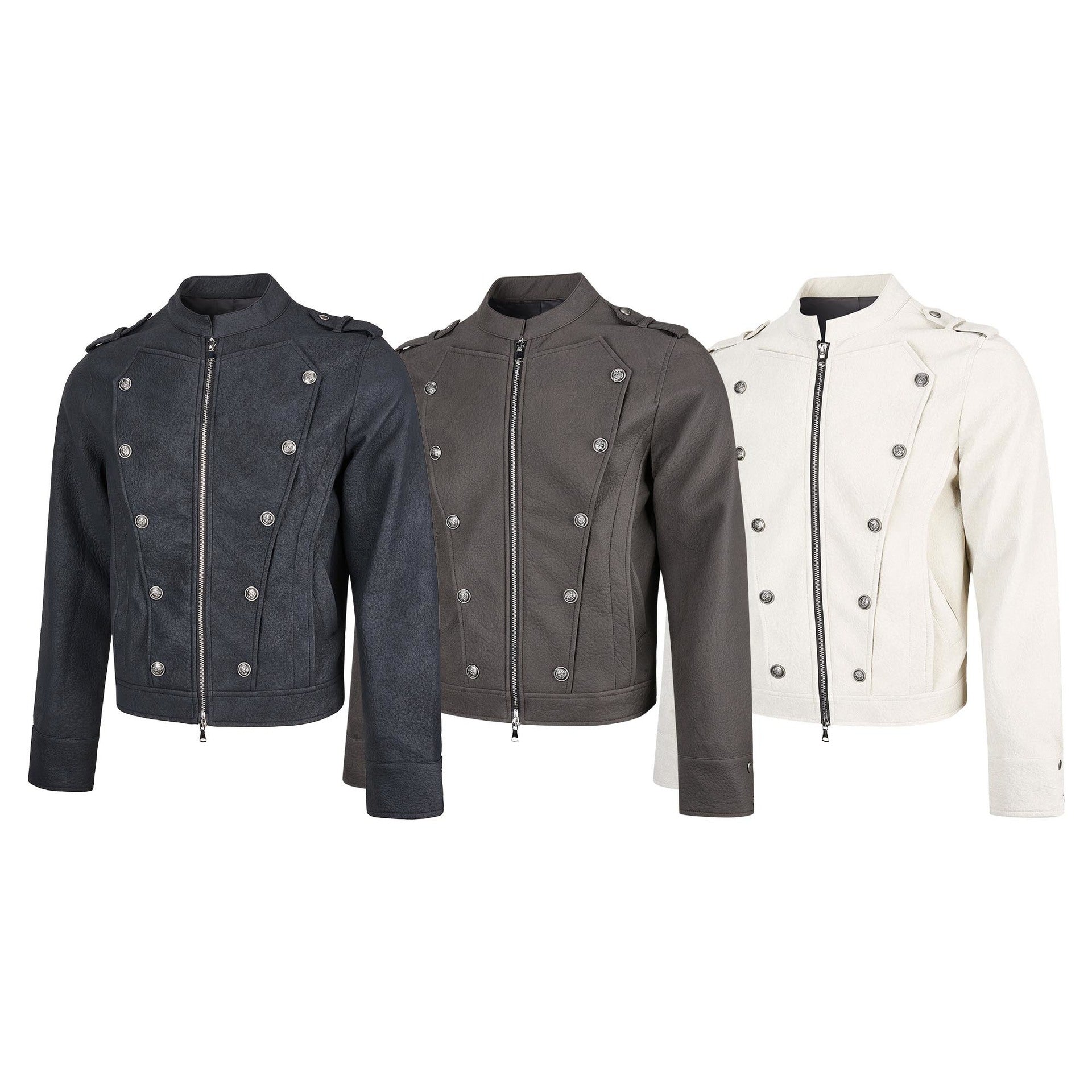 Military-Style Faux Leather Jacket with Double-Breasted Buttons & Zip Front