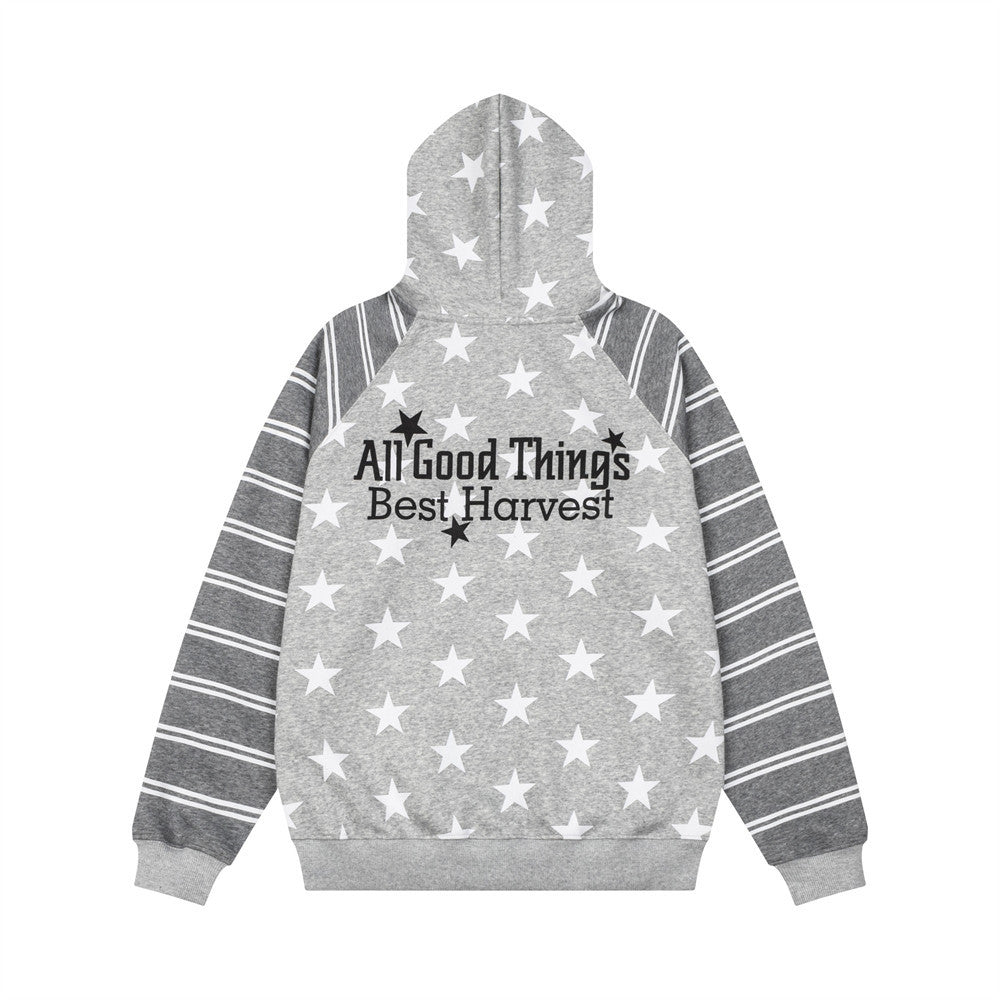 Star Print Zip-Up Hoodie with Striped Raglan Sleeves – Oversized Streetwear