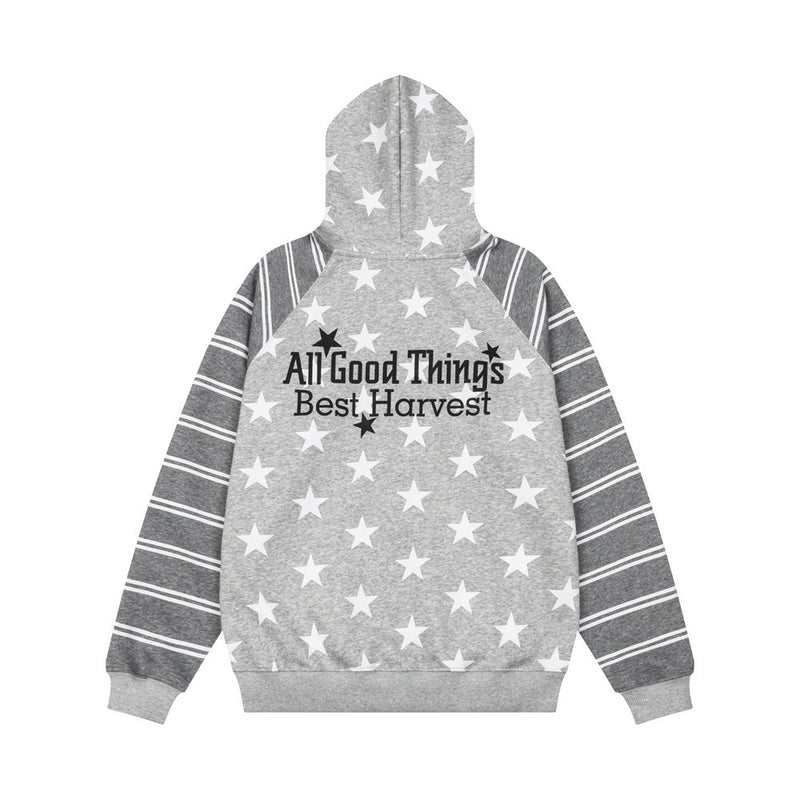 Star Print Zip-Up Hoodie with Striped Raglan Sleeves – Oversized Streetwear