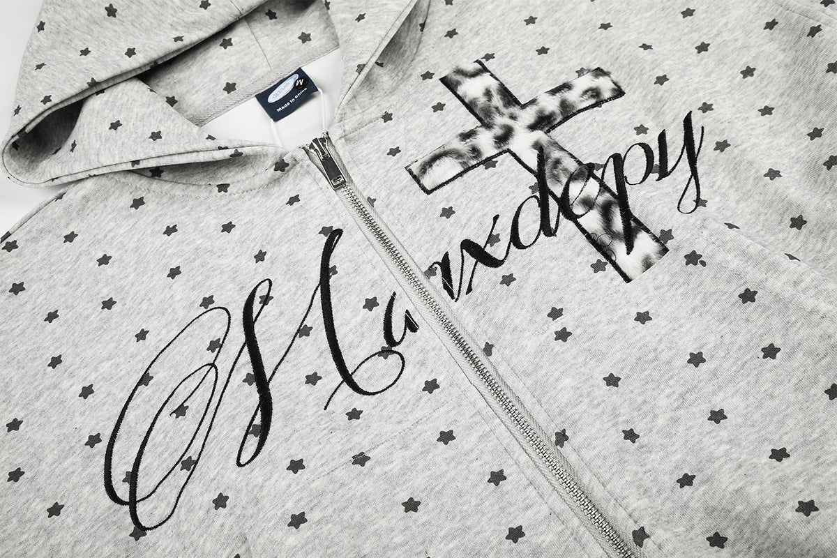 Sweat à capuche zippé court à motif étoiles et croix