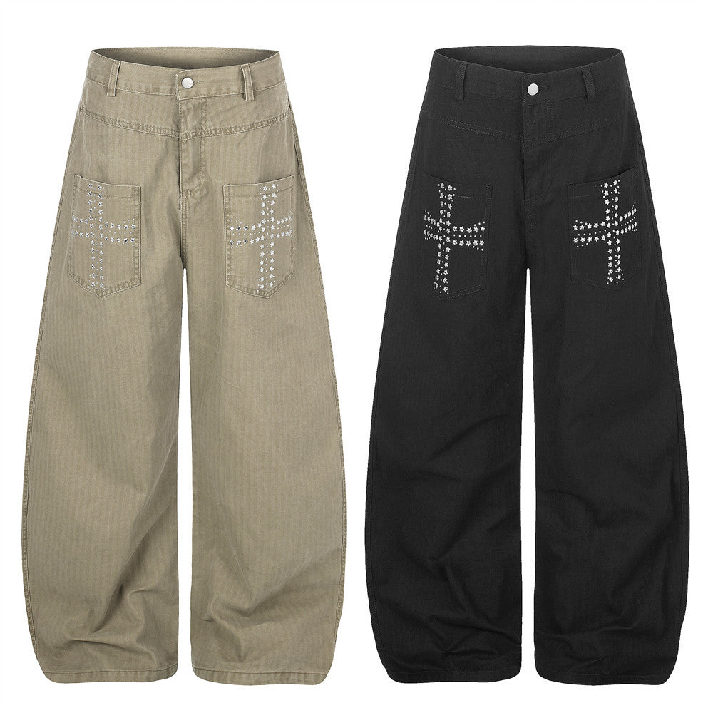 Men's Wide-Leg Pants with Star Studded Cross Pocket Detail – Vintage Punk Style