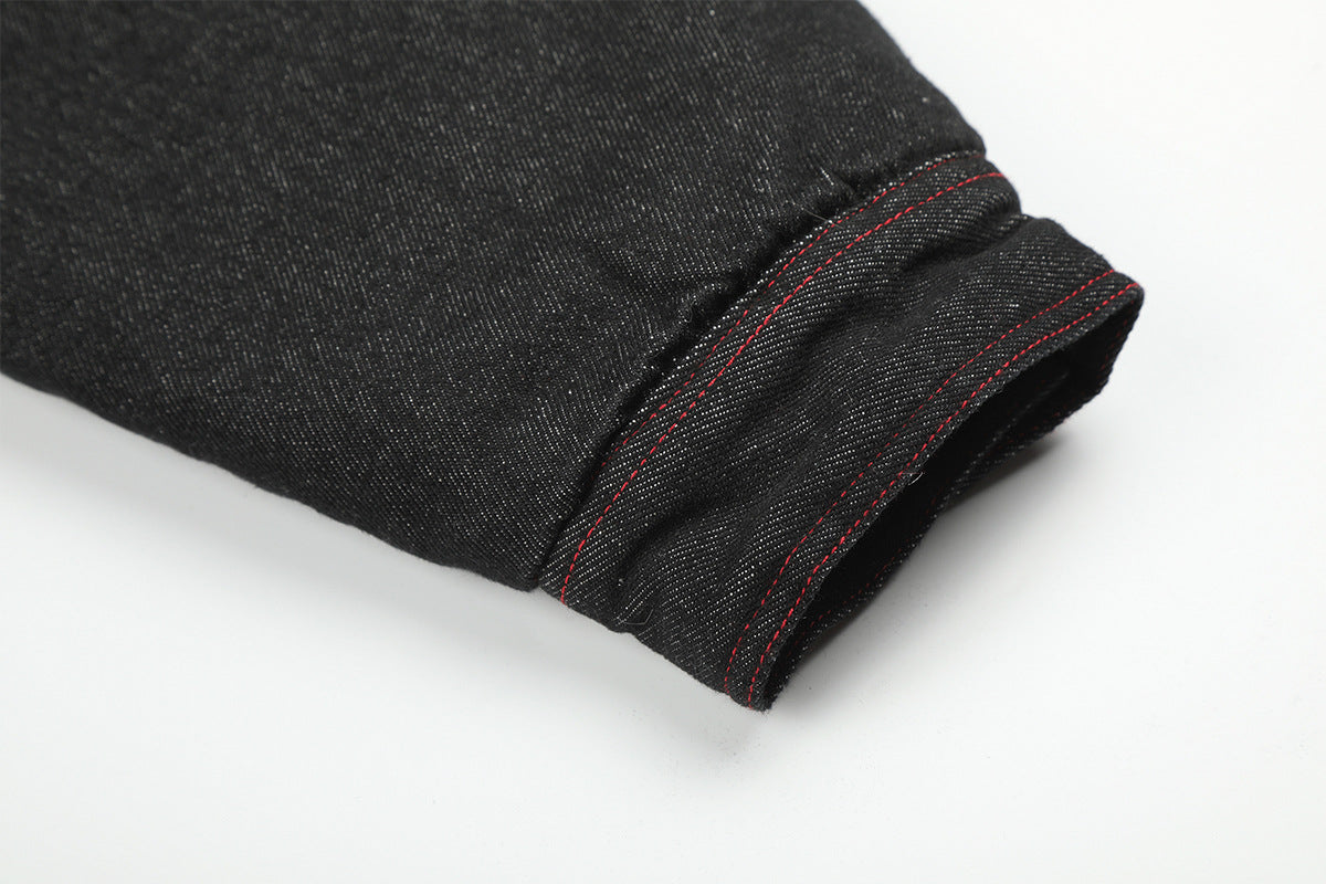 Black Denim Fur Collar Padded Jacket with Red Trim & Snap Buttons