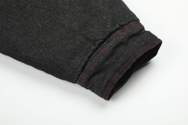 Black Denim Fur Collar Padded Jacket with Red Trim & Snap Buttons