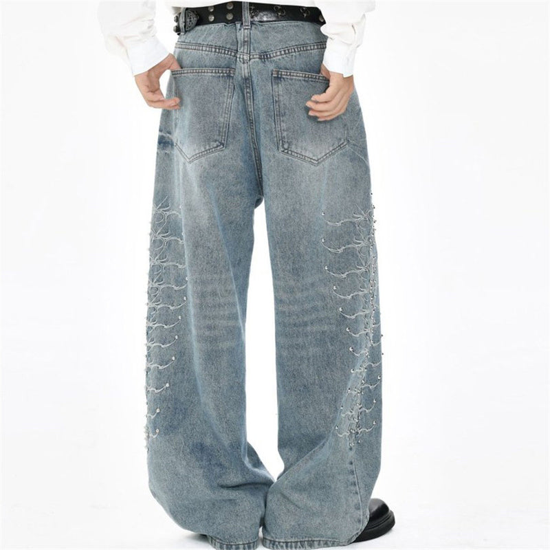 Men's Baggy Wide-Leg Jeans – Studded & Embroidered Washed Denim