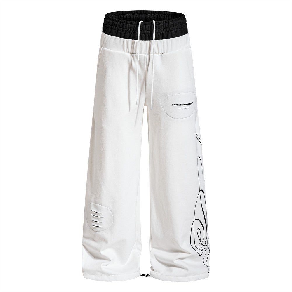 Wide-Leg Sweatpants with Contrast Double Waistband, Distressed Detail & Graphic